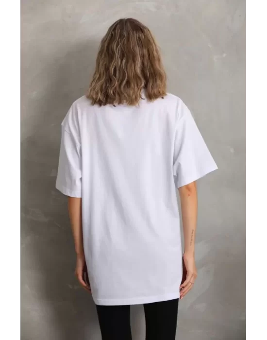 Unisex Taş Desenli Oversize T-Shirt - Beyaz
