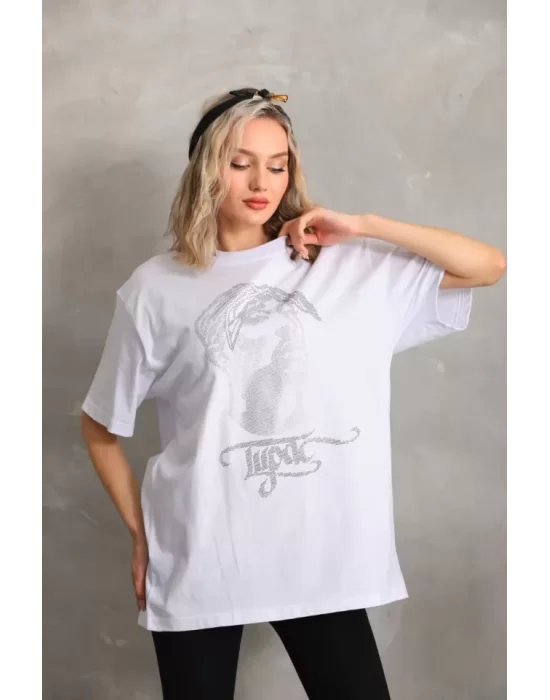 Unisex Taş Desenli Oversize T-Shirt - Beyaz