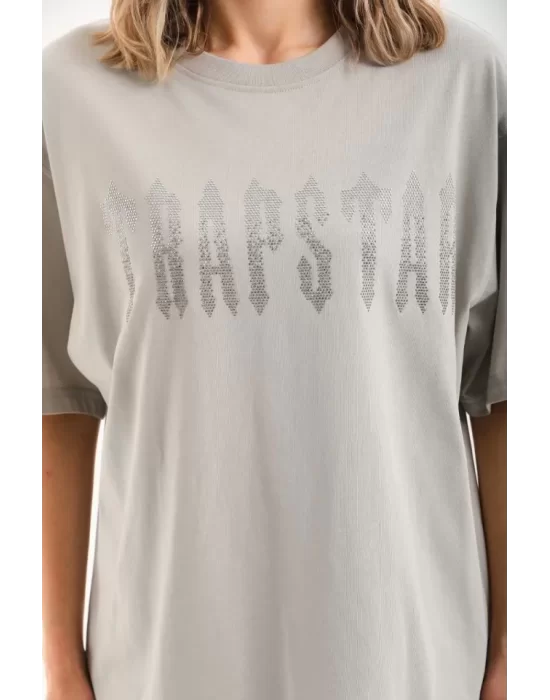 Unisex Taş Desenli Oversize T-Shirt - Gri