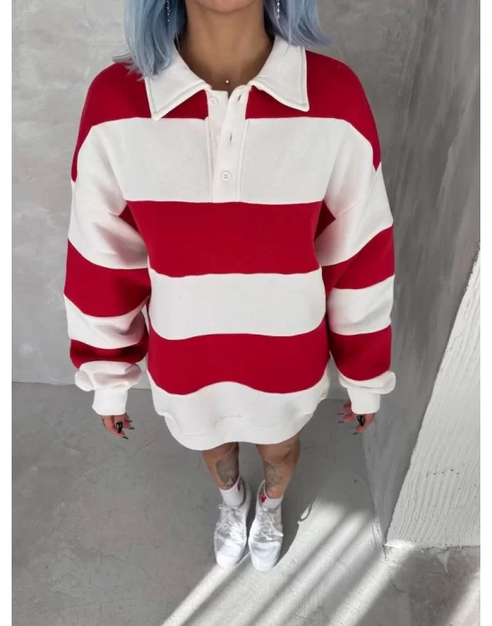 Unisex Üç İplik Parçalı Yakalı SweatShirt - Kırmızı
