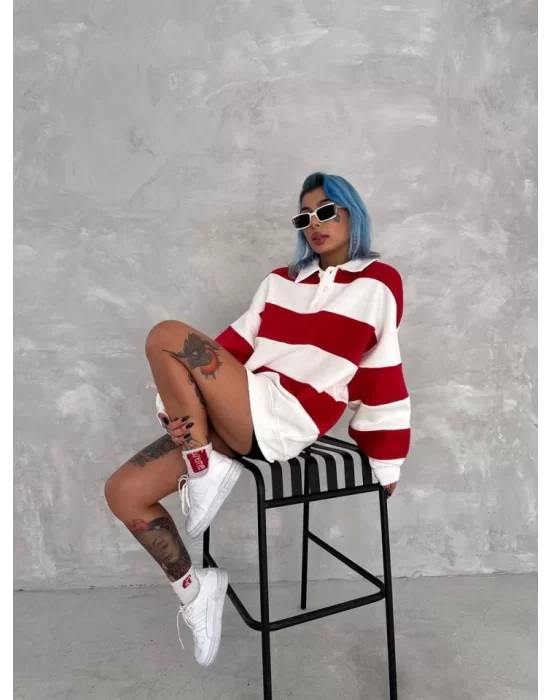 Unisex Üç İplik Parçalı Yakalı SweatShirt - Kırmızı