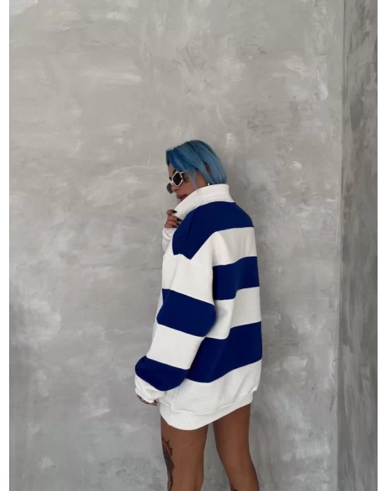 Unisex Üç İplik Parçalı Yakalı SweatShirt - Mavi