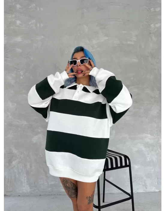 Unisex Üç İplik Parçalı Yakalı SweatShirt - Yeşil