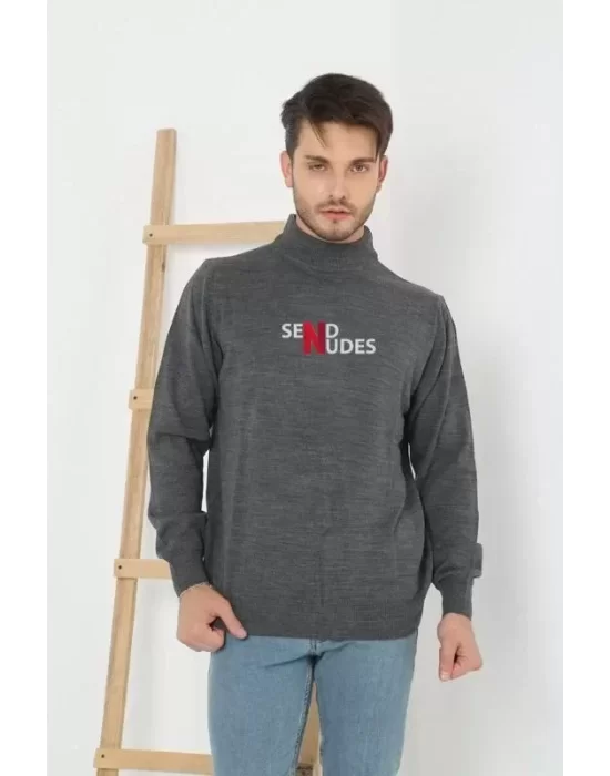 Unisex Yarım Boğazlı Baskılı Dokuma Triko - Füme