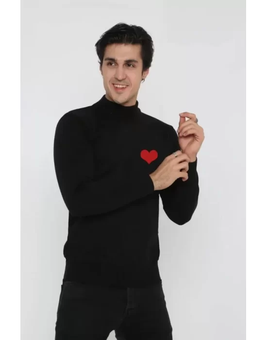 Unisex Yarım Boğazlı Baskılı Dokuma Triko - Siyah
