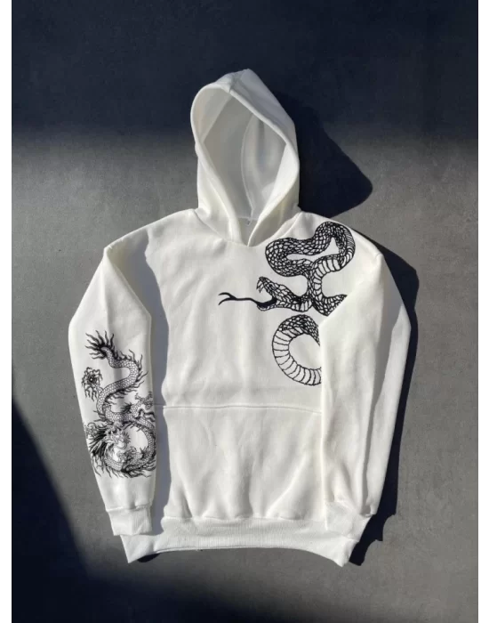 Uzun Kol Kapşonlu Baskılı SweatShirt - Beyaz
