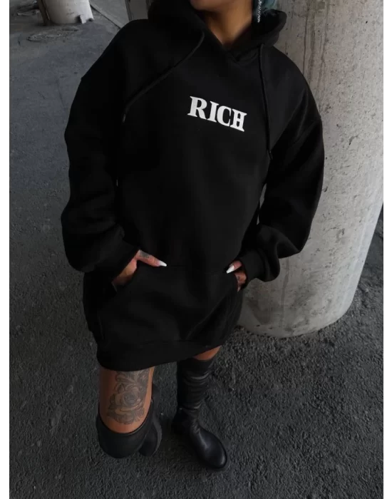 Uzun Kol Kapşonlu Göğüs Baskılı SweatShirt - Siyah