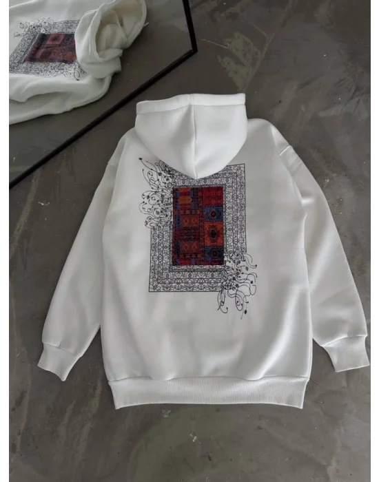 Uzun Kol Kapşonlu Ön Ve Arka Baskılı SweatShirt - Beyaz