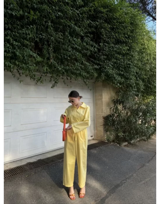 Uzun Kollu Yakalı Gömlek Pantalon Takım- Sarı