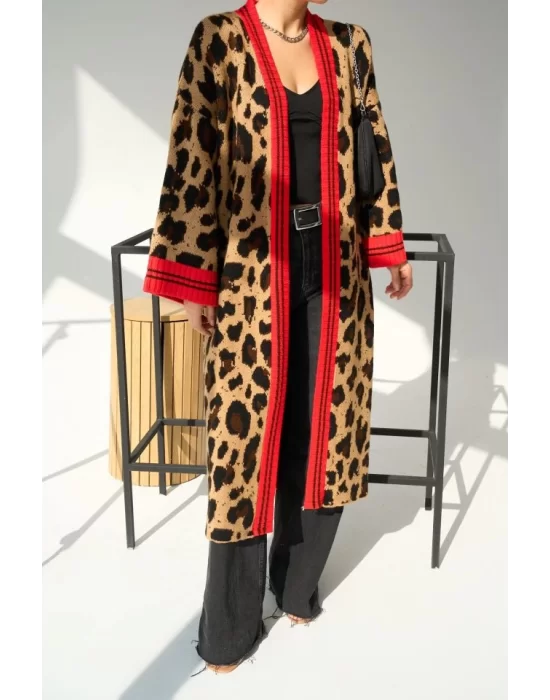 Uzun Leopar Hırka - Camel-Mavi