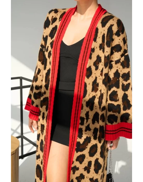 Uzun Leopar Hırka - Camel-Mavi