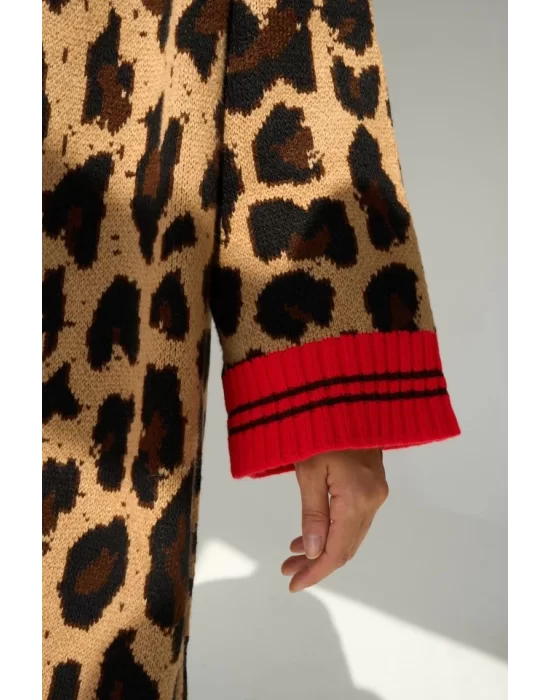 Uzun Leopar Hırka - Camel-Mavi