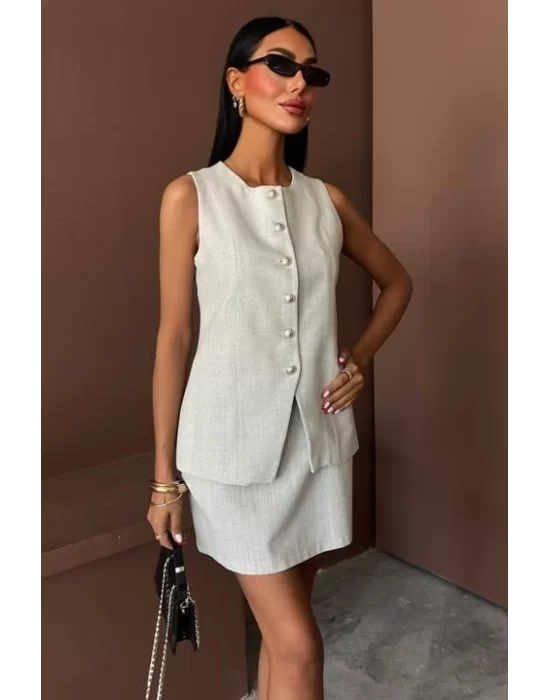 Uzun Yelek Mini Etek Flamlı Keten Takım 10148