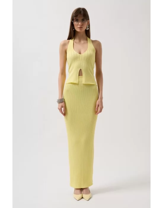 V Detay Dokulu Crop Bluz