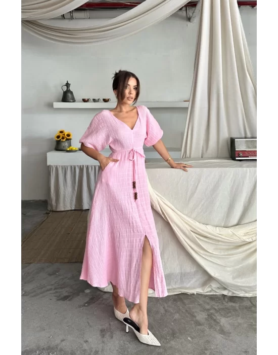 V YAKA BEL BONCUK BAĞLAMALI MÜSLİN ELBİSE YIRTMAÇ DETAYLI - Pembe