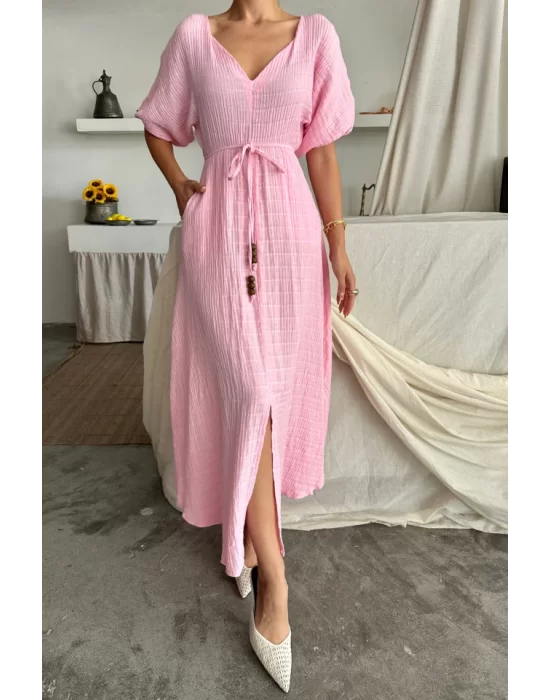V YAKA BEL BONCUK BAĞLAMALI MÜSLİN ELBİSE YIRTMAÇ DETAYLI - Pembe