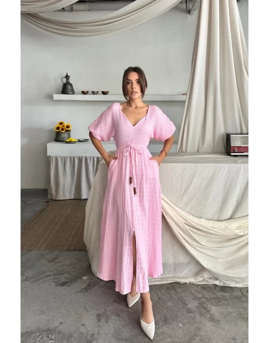 V YAKA BEL BONCUK BAĞLAMALI MÜSLİN ELBİSE YIRTMAÇ DETAYLI - Pembe