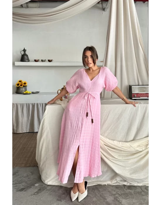 V YAKA BEL BONCUK BAĞLAMALI MÜSLİN ELBİSE YIRTMAÇ DETAYLI - Pembe