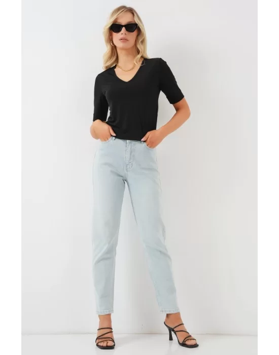 V Yaka Kısa Kol Basic Bluz 955 - Siyah