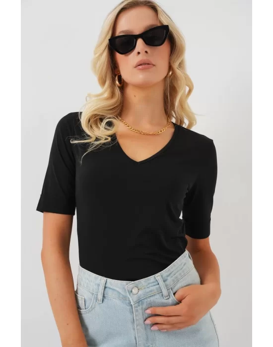 V Yaka Kısa Kol Basic Bluz 955 - Siyah