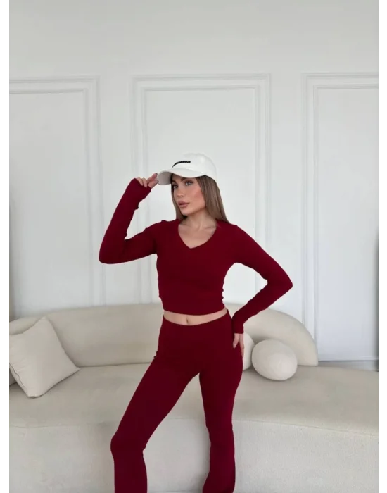 V Yaka Uzun Kollu Bluz İspanyol Paçalı Tayt İkili Takım - Bordo