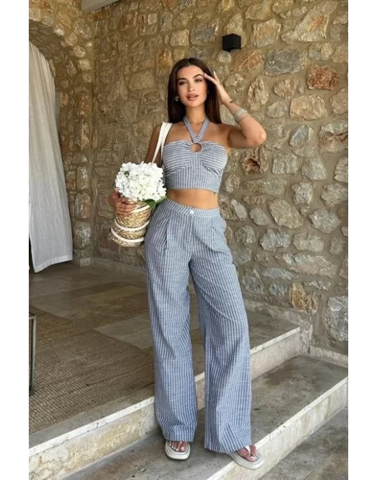 Vesna Keten Çizgili Crop Takım 9806-0025