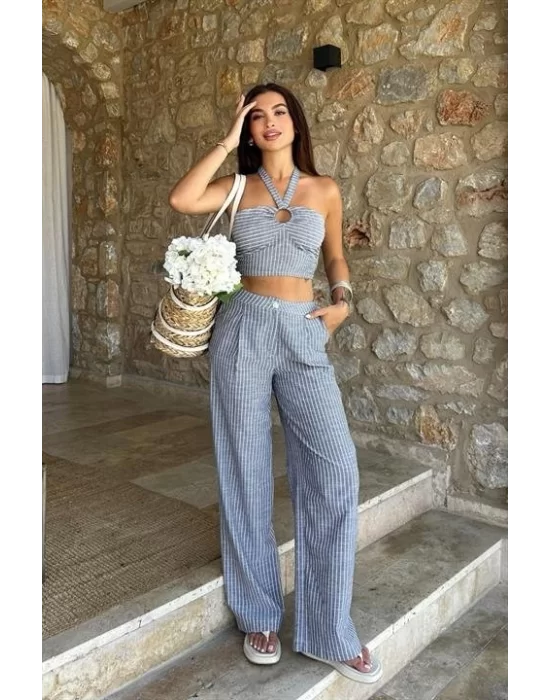 Vesna Keten Çizgili Crop Takım 9806-0025