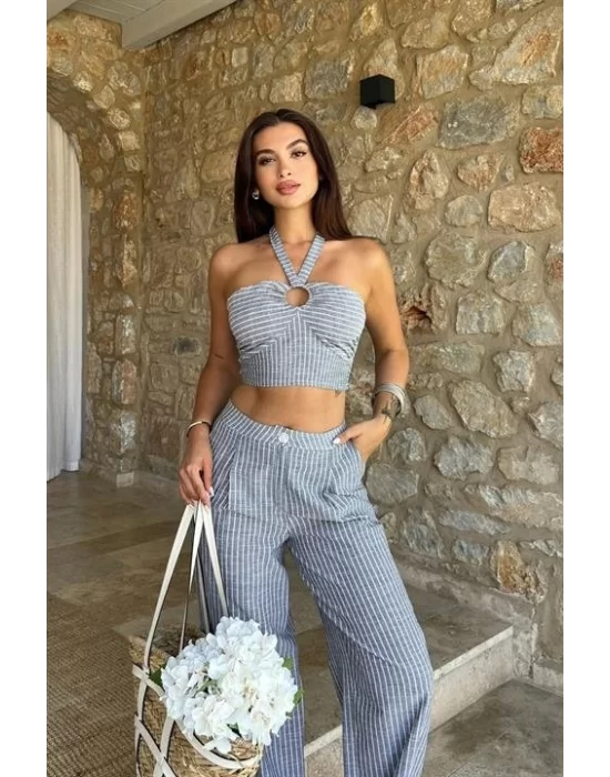 Vesna Keten Çizgili Crop Takım 9806-0025
