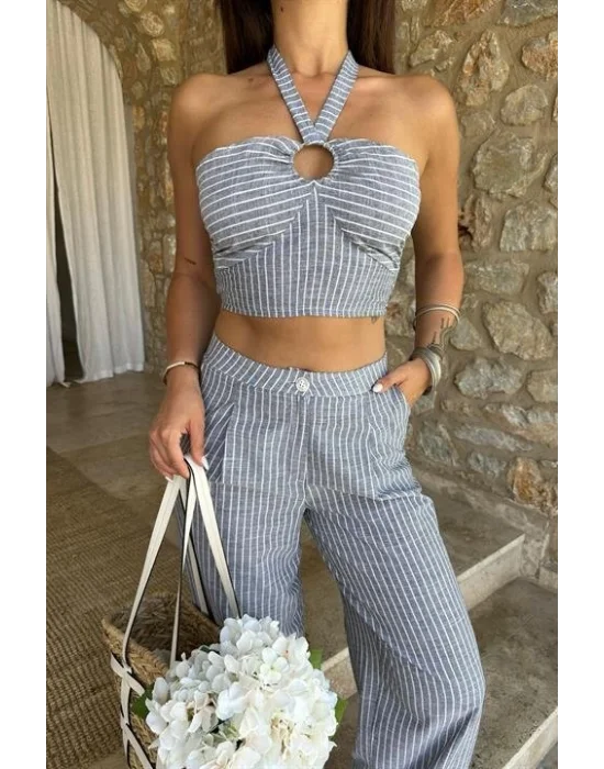 Vesna Keten Çizgili Crop Takım 9806-0025