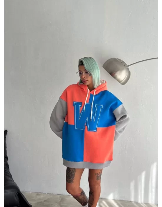 W Nakış İşlemeli Kapüşonlu Sweatshirt - Mavi