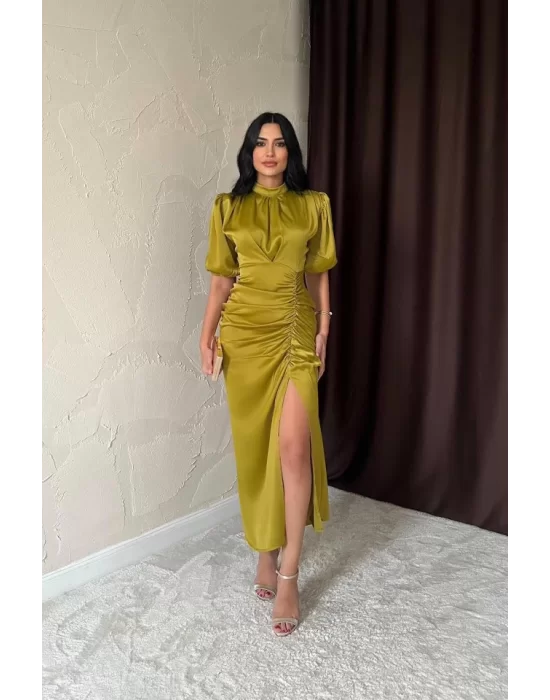 Sarı Büzgülü Saten Elbise