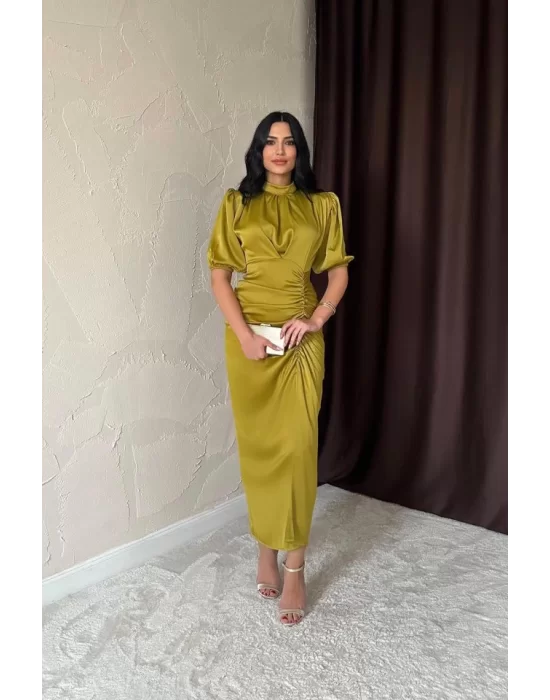 Sarı Büzgülü Saten Elbise