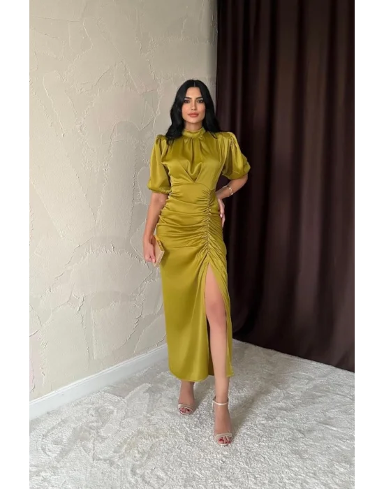 Sarı Büzgülü Saten Elbise