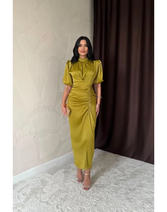 Sarı Büzgülü Saten Elbise