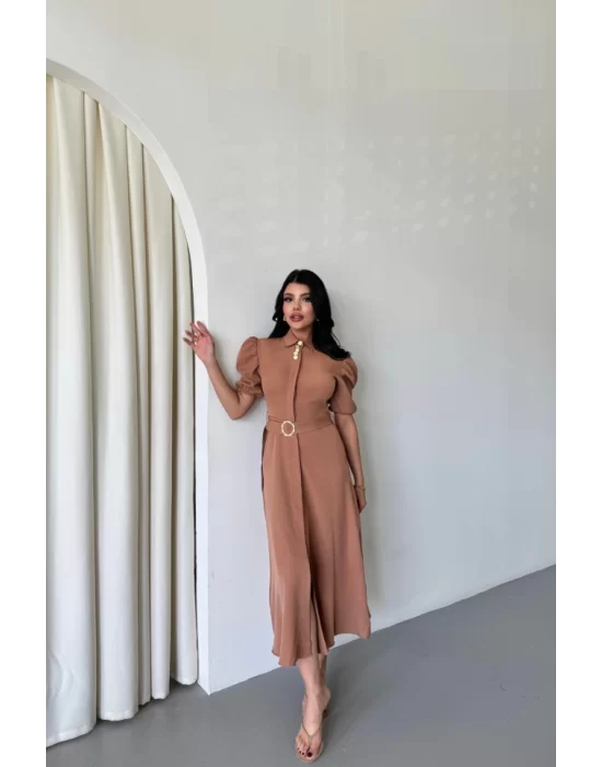 YAKA DÜĞME DETAYLI ELBİSE - Kahverengi