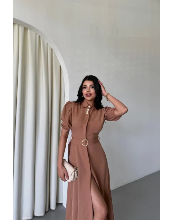 YAKA DÜĞME DETAYLI ELBİSE - Kahverengi
