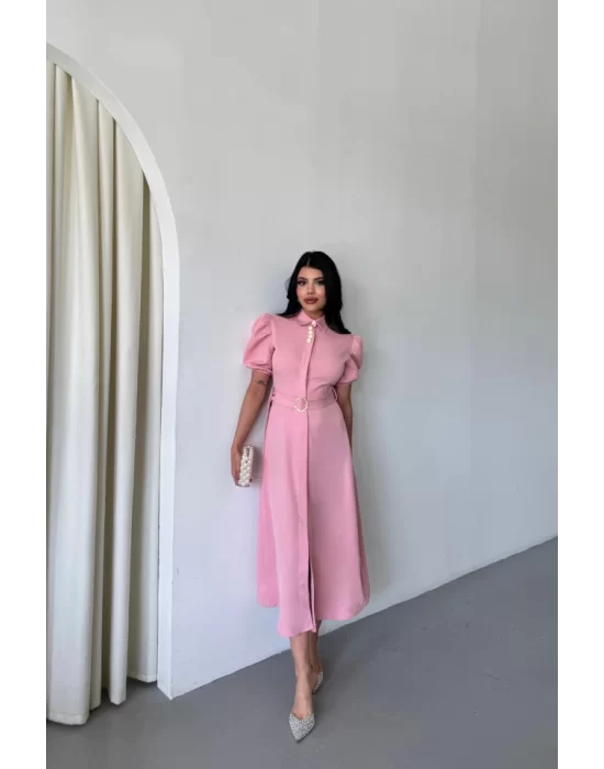 YAKA DÜĞME DETAYLI ELBİSE- Pembe