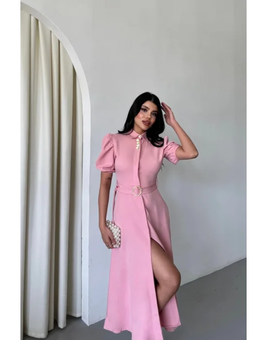 YAKA DÜĞME DETAYLI ELBİSE- Pembe
