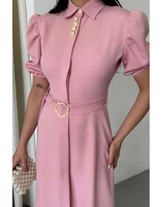 YAKA DÜĞME DETAYLI ELBİSE- Pembe