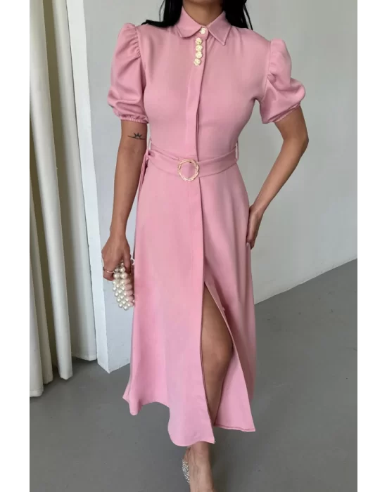 YAKA DÜĞME DETAYLI ELBİSE- Pembe