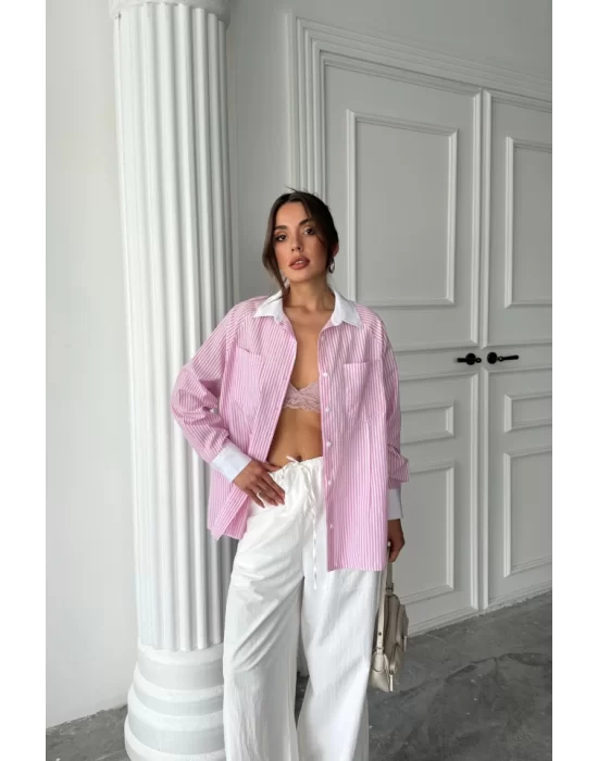 YAKA VE MANŞET BEYAZBOYFRİEND ÇİZGİLİPOPLİN GÖMLEK - Pembe