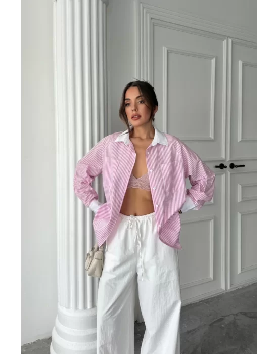 YAKA VE MANŞET BEYAZBOYFRİEND ÇİZGİLİPOPLİN GÖMLEK - Pembe