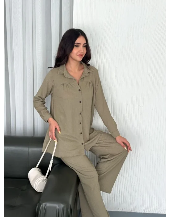 Yakalı Düğmeli Uzun Kollu Gömlek Pantolon Ikili Takım - Bej