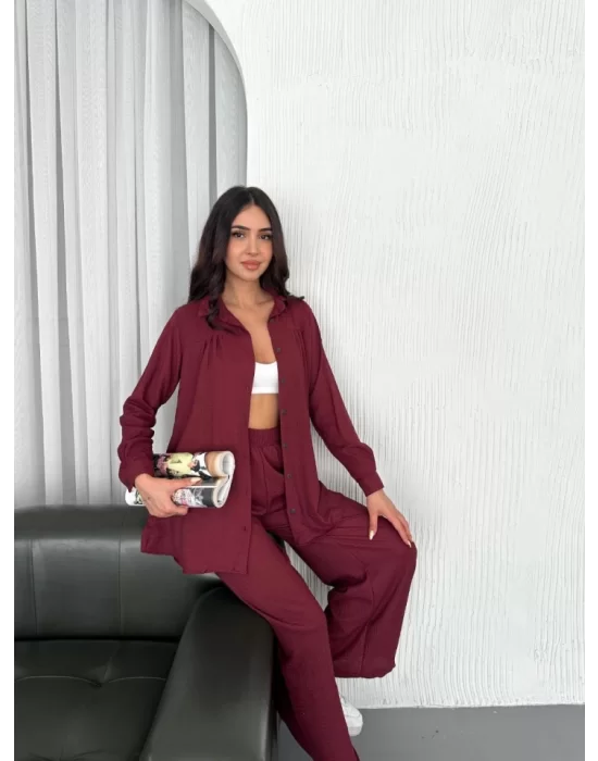 Yakalı Düğmeli Uzun Kollu Gömlek Pantolon Ikili Takım - Bordo