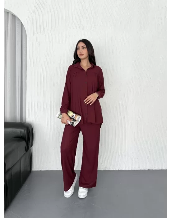 Yakalı Düğmeli Uzun Kollu Gömlek Pantolon Ikili Takım - Bordo