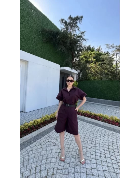 Yakalı Gömlek Kemerli Şortlu Takım - Bordo
