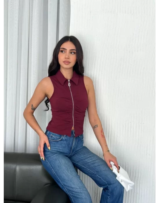 Yakalı Tam Fermuarlı Kolsuz Bluz - Bordo