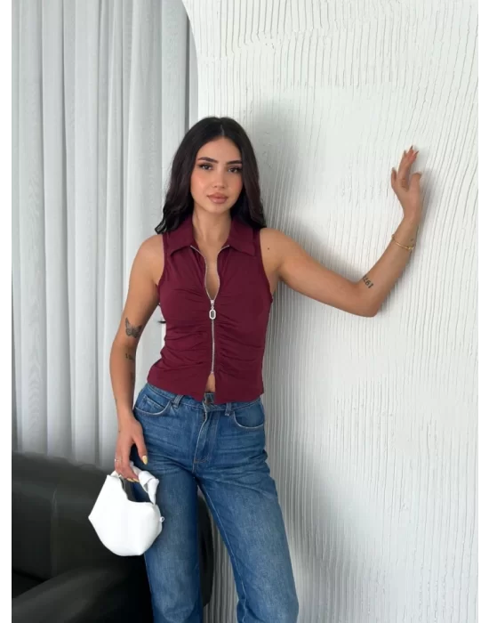Yakalı Tam Fermuarlı Kolsuz Bluz - Bordo