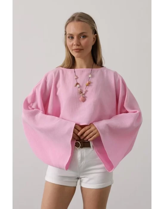 YARASA KOLLU CROP BLUZ - Pembe