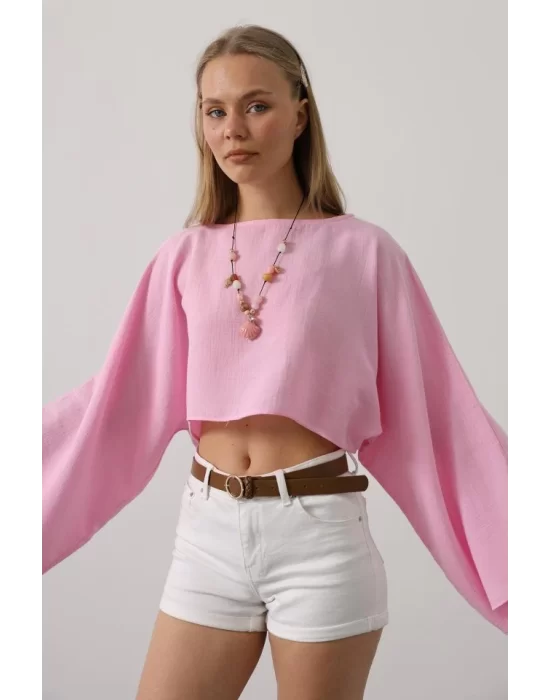 YARASA KOLLU CROP BLUZ - Pembe
